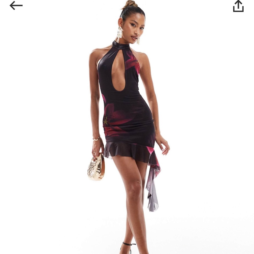 Murci exclusive mesh high neck keyhole plunge mini dress with asymmetric hem